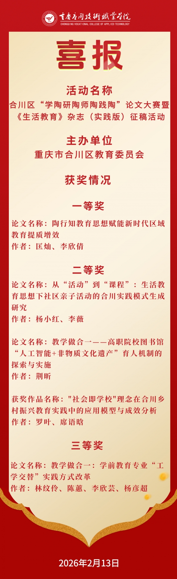 【喜报】学校在合川区“学陶研陶师陶践陶”论文大赛中荣获佳绩