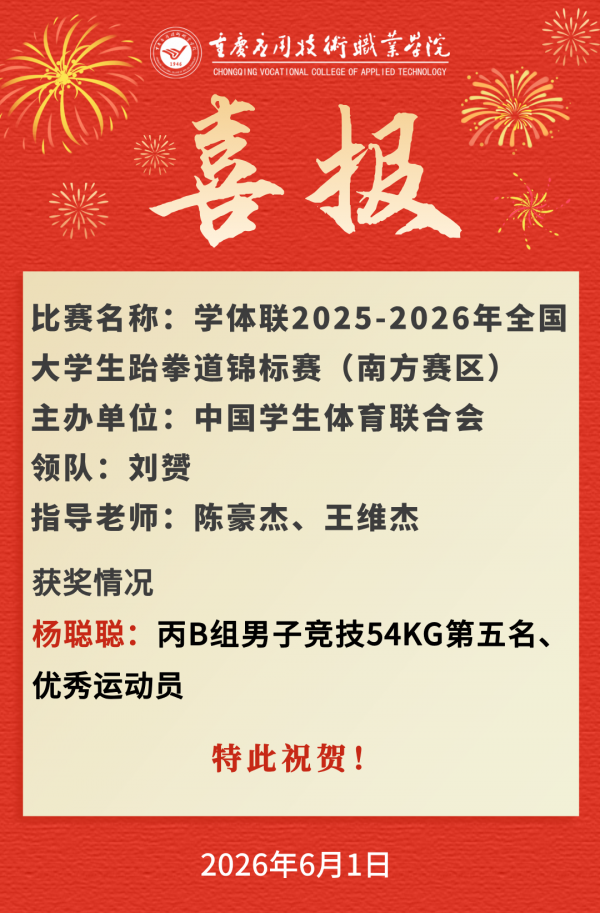 【喜报】学校学子在学体联2025-2026年全国大学生跆拳道锦标赛（南方赛区）中喜获佳绩